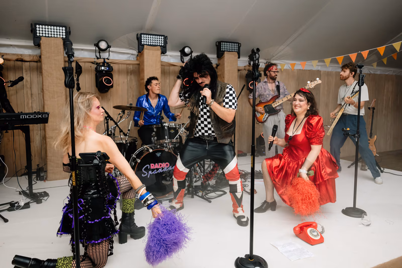 Belgian Eighties Party Cover Band Radio Spandex Performing on Stage at Private Retirement Party - June 2026 - Kortrijk