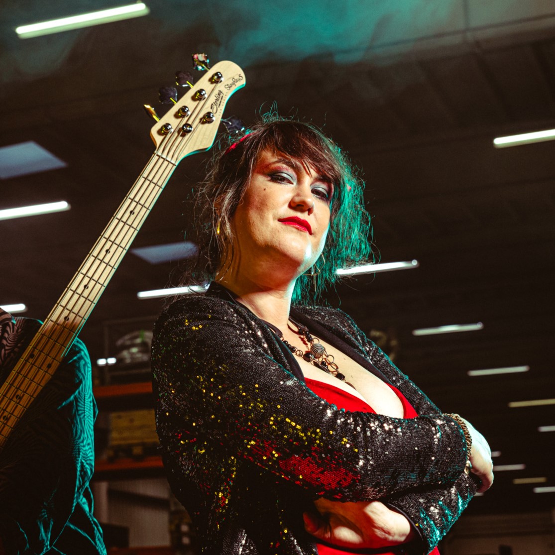 Close-up portrait of vocalist Dolly Day from 80's cover band Radio Spandex